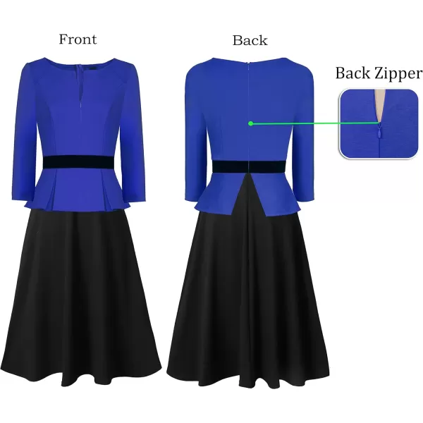 VFSHOW Womens Royal Blue Black Peplum Patchwork Slim Front Zipper Work Business Office ALine Midi MidCalf Dress 10096 BLU XL