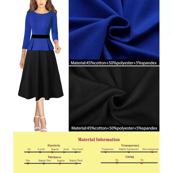 VFSHOW Womens Royal Blue Black Peplum Patchwork Slim Front Zipper Work Business Office ALine Midi MidCalf Dress 10096 BLU XL