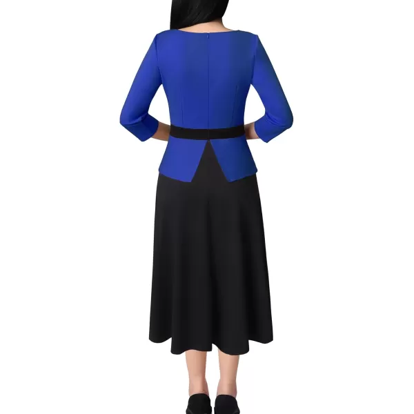 VFSHOW Womens Royal Blue Black Peplum Patchwork Slim Front Zipper Work Business Office ALine Midi MidCalf Dress 10096 BLU XL