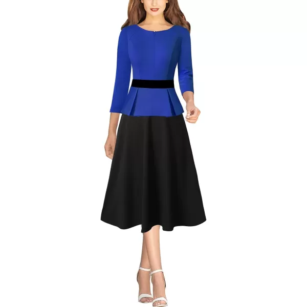 VFSHOW Womens Royal Blue Black Peplum Patchwork Slim Front Zipper Work Business Office ALine Midi MidCalf Dress 10096 BLU XL