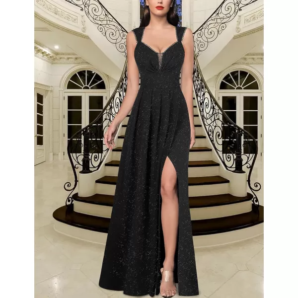 VFSHOW Womens Sexy Backless Ruched Formal Pleated ALine Maxi Dress Sweetheart V Neckline Wide Strap Split 2023 Evening GownSparkly Black