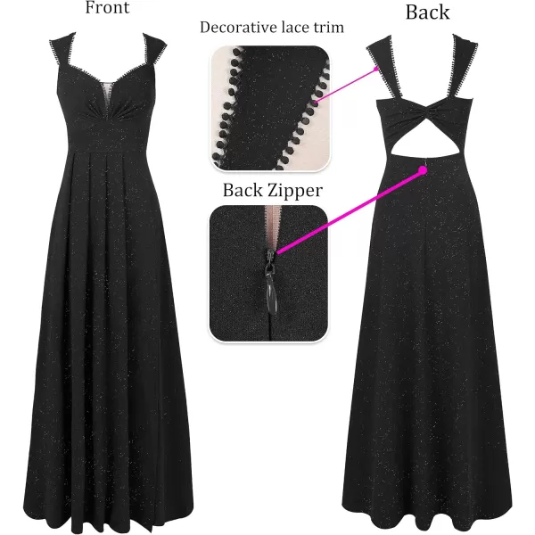 VFSHOW Womens Sexy Backless Ruched Formal Pleated ALine Maxi Dress Sweetheart V Neckline Wide Strap Split 2023 Evening GownSparkly Black