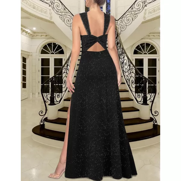 VFSHOW Womens Sexy Backless Ruched Formal Pleated ALine Maxi Dress Sweetheart V Neckline Wide Strap Split 2023 Evening GownSparkly Black