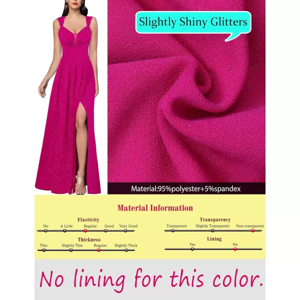 VFSHOW Womens Sexy Backless Ruched Formal Pleated ALine Maxi Dress Sweetheart V Neckline Wide Strap Split 2023 Evening GownSparkly Hot Pink