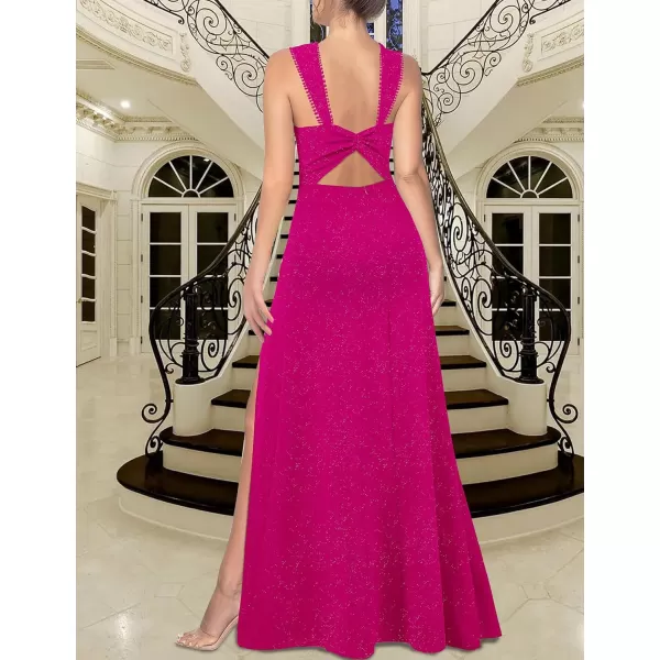 VFSHOW Womens Sexy Backless Ruched Formal Pleated ALine Maxi Dress Sweetheart V Neckline Wide Strap Split 2023 Evening GownSparkly Hot Pink