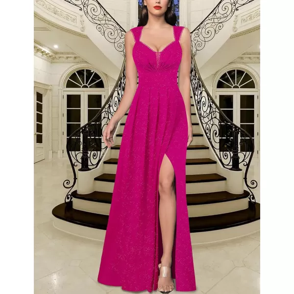 VFSHOW Womens Sexy Backless Ruched Formal Pleated ALine Maxi Dress Sweetheart V Neckline Wide Strap Split 2023 Evening GownSparkly Hot Pink