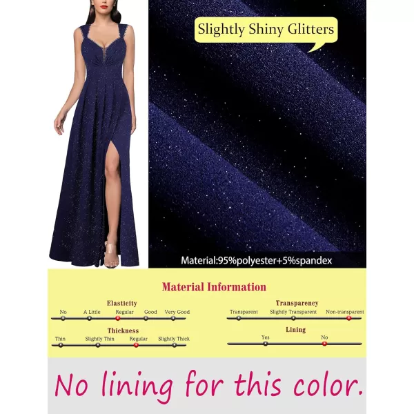 VFSHOW Womens Sexy Backless Ruched Formal Pleated ALine Maxi Dress Sweetheart V Neckline Wide Strap Split 2023 Evening GownSparkly Navy Blue