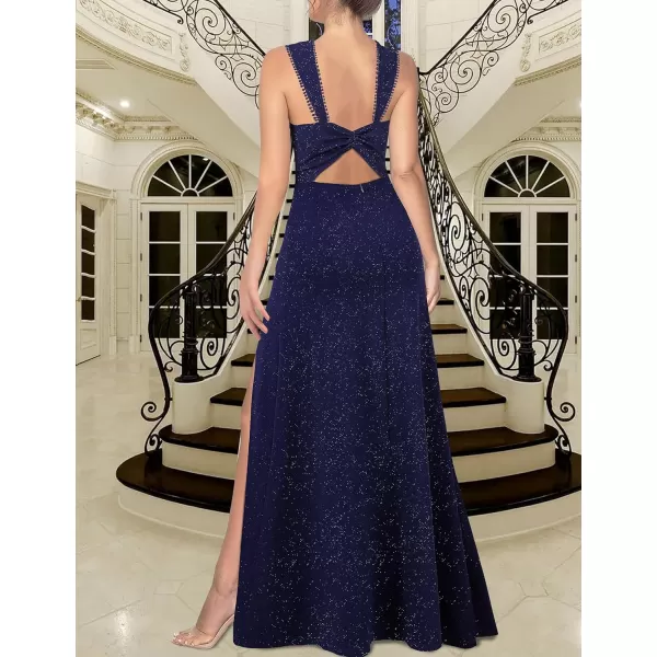 VFSHOW Womens Sexy Backless Ruched Formal Pleated ALine Maxi Dress Sweetheart V Neckline Wide Strap Split 2023 Evening GownSparkly Navy Blue