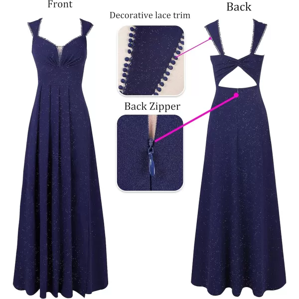 VFSHOW Womens Sexy Backless Ruched Formal Pleated ALine Maxi Dress Sweetheart V Neckline Wide Strap Split 2023 Evening GownSparkly Navy Blue