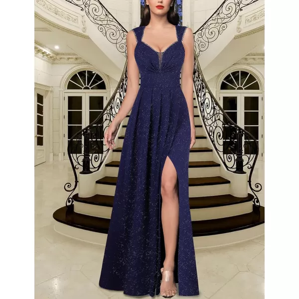 VFSHOW Womens Sexy Backless Ruched Formal Pleated ALine Maxi Dress Sweetheart V Neckline Wide Strap Split 2023 Evening GownSparkly Navy Blue