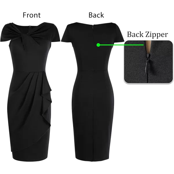 VFSHOW Womens Twist V Neck Vintage Cocktail Party Pleated Waist Ruffle Bodycon Pencil Sheath DressBlack