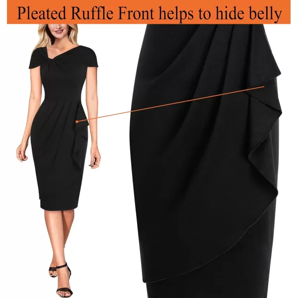 VFSHOW Womens Twist V Neck Vintage Cocktail Party Pleated Waist Ruffle Bodycon Pencil Sheath DressBlack