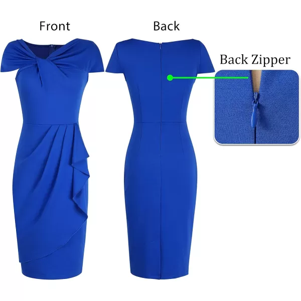 VFSHOW Womens Twist V Neck Vintage Cocktail Party Pleated Waist Ruffle Bodycon Pencil Sheath DressBlue