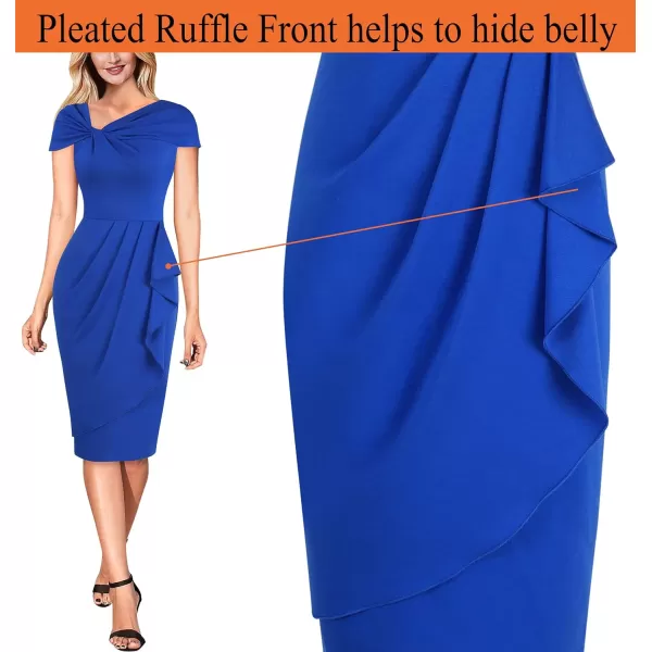 VFSHOW Womens Twist V Neck Vintage Cocktail Party Pleated Waist Ruffle Bodycon Pencil Sheath DressBlue