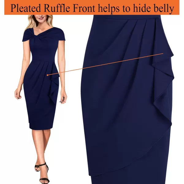 VFSHOW Womens Twist V Neck Vintage Cocktail Party Pleated Waist Ruffle Bodycon Pencil Sheath DressDark Blue