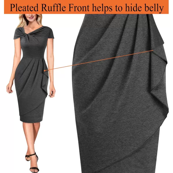 VFSHOW Womens Twist V Neck Vintage Cocktail Party Pleated Waist Ruffle Bodycon Pencil Sheath DressDark Grey