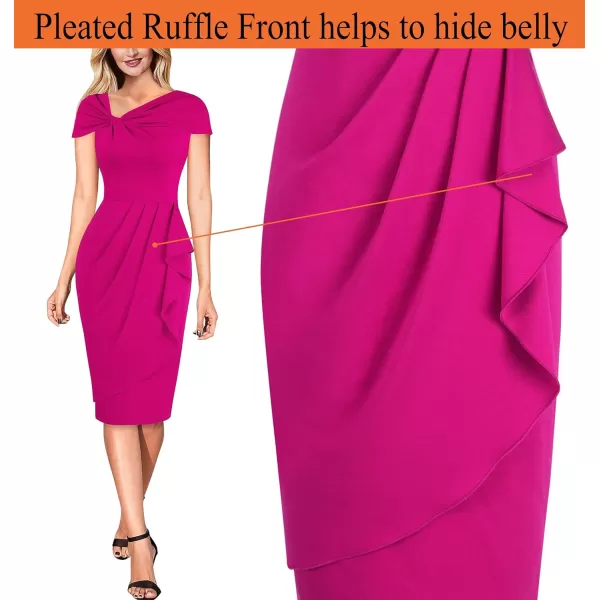 VFSHOW Womens Twist V Neck Vintage Cocktail Party Pleated Waist Ruffle Bodycon Pencil Sheath DressHot Pink