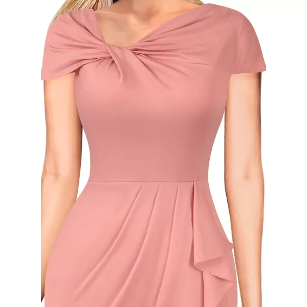 VFSHOW Womens Twist V Neck Vintage Cocktail Party Pleated Waist Ruffle Bodycon Pencil Sheath DressPeach Pink