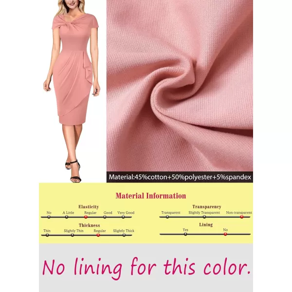 VFSHOW Womens Twist V Neck Vintage Cocktail Party Pleated Waist Ruffle Bodycon Pencil Sheath DressPeach Pink