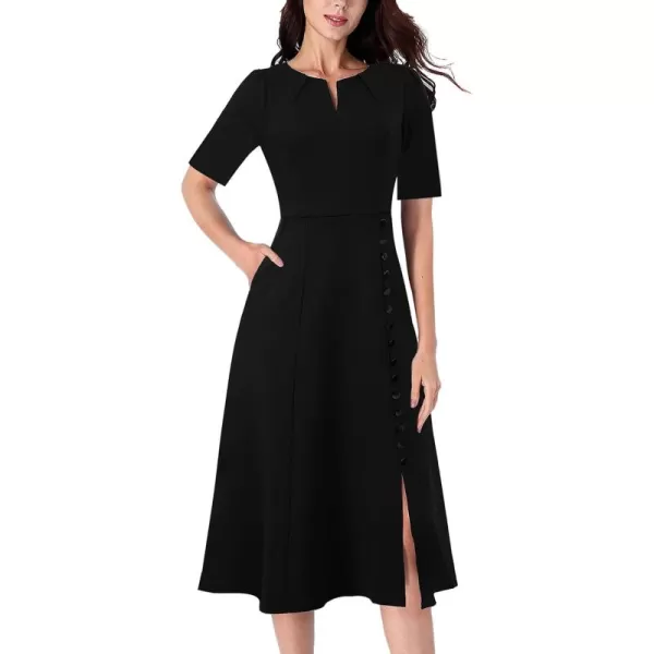 VFSHOW Women Pleated Notch V Neck Pockets Buttons Work Office Business ALine Midi DressBlack