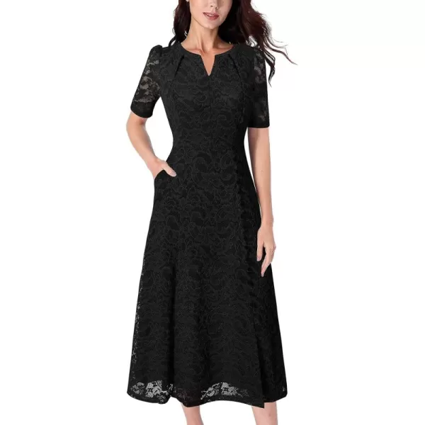 VFSHOW Women Pleated Notch V Neck Pockets Buttons Work Office Business ALine Midi DressBlack Floral Lace