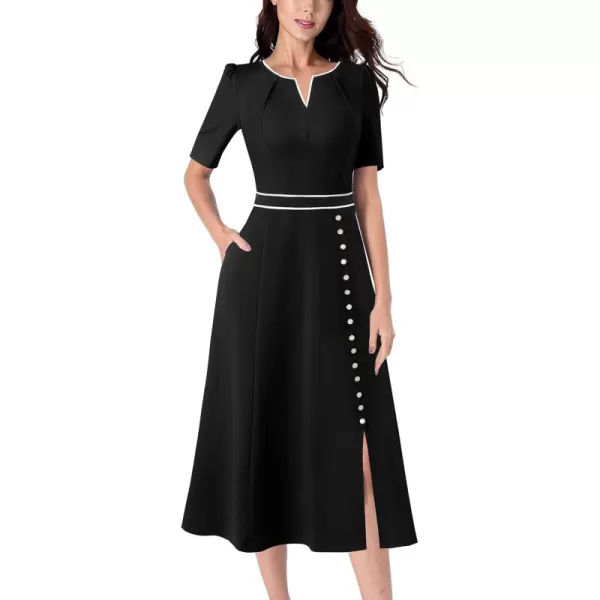 VFSHOW Women Pleated Notch V Neck Pockets Buttons Work Office Business ALine Midi DressBlack and White Trim