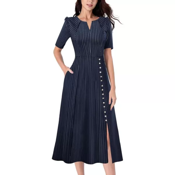 VFSHOW Women Pleated Notch V Neck Pockets Buttons Work Office Business ALine Midi DressBlue Striped Short Sleeve