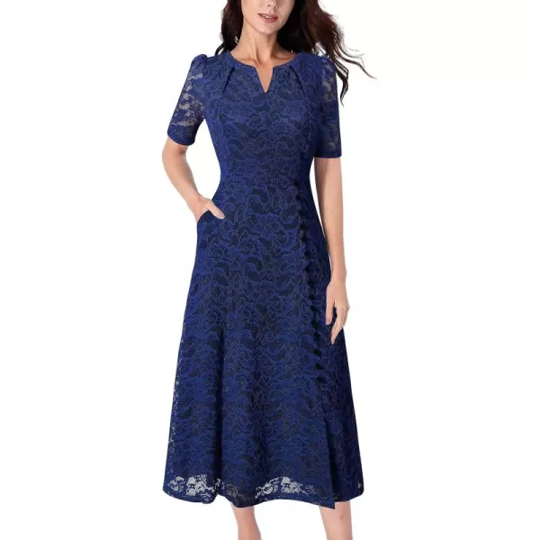 VFSHOW Women Pleated Notch V Neck Pockets Buttons Work Office Business ALine Midi DressDark Blue Floral Lace