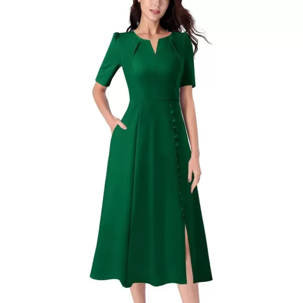 VFSHOW Women Pleated Notch V Neck Pockets Buttons Work Office Business ALine Midi DressGreen