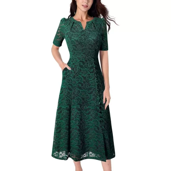 VFSHOW Women Pleated Notch V Neck Pockets Buttons Work Office Business ALine Midi DressGreen Floral Lace