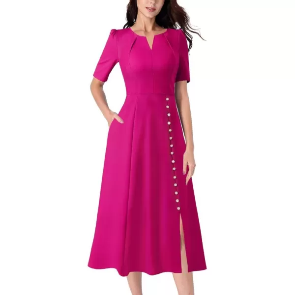 VFSHOW Women Pleated Notch V Neck Pockets Buttons Work Office Business ALine Midi DressHot Pink