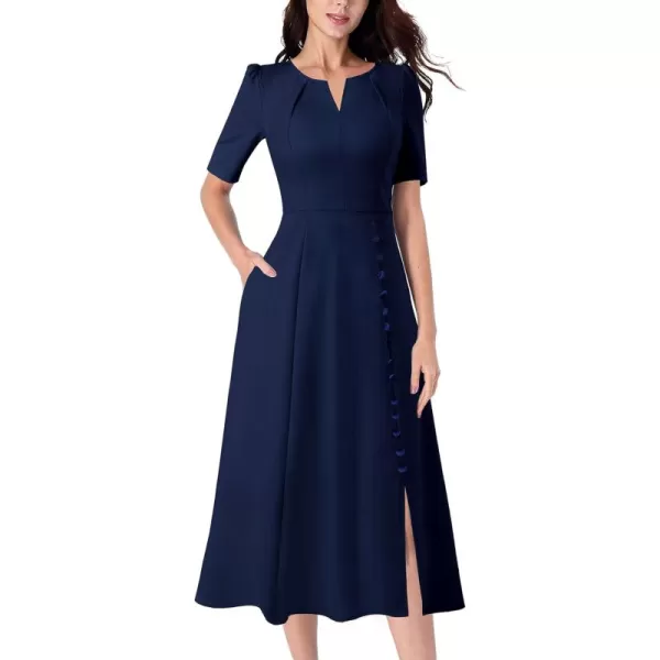 VFSHOW Women Pleated Notch V Neck Pockets Buttons Work Office Business ALine Midi DressNavy Blue