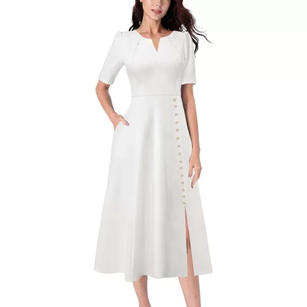 VFSHOW Women Pleated Notch V Neck Pockets Buttons Work Office Business ALine Midi DressOffwhite