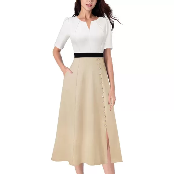 VFSHOW Women Pleated Notch V Neck Pockets Buttons Work Office Business ALine Midi DressOffwhiteblackbeige