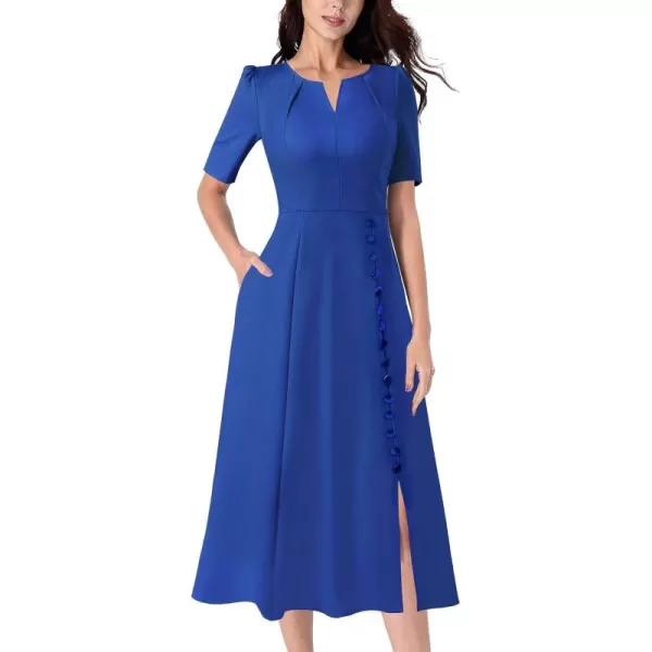 VFSHOW Women Pleated Notch V Neck Pockets Buttons Work Office Business ALine Midi DressRoyal Blue