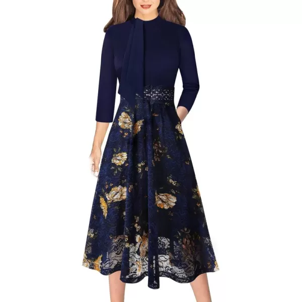 VFSHOW Womens Bow Tie Crew Neck Patchwork Pockets Work Office Cocktail Party ALine Midi DressDark Blue  Floral Lace