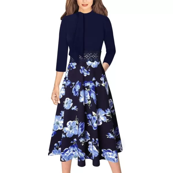 VFSHOW Womens Bow Tie Crew Neck Patchwork Pockets Work Office Cocktail Party ALine Midi DressDark Blue Floral Print