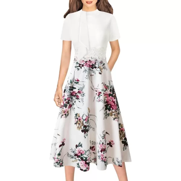 VFSHOW Womens Bow Tie Crew Neck Patchwork Pockets Work Office Cocktail Party ALine Midi DressOff White Floral Print