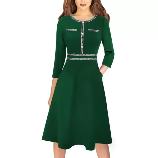 VFSHOW Womens Button Pockets Slim Wear to Work Office Business Party Patchwork ALine DressGreen