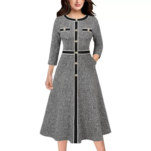 VFSHOW Womens Buttons Patchwork Work Business Office ALine Midi Crew Neck Professional Career Fit and Flare MidCalf DressBlack Tweed