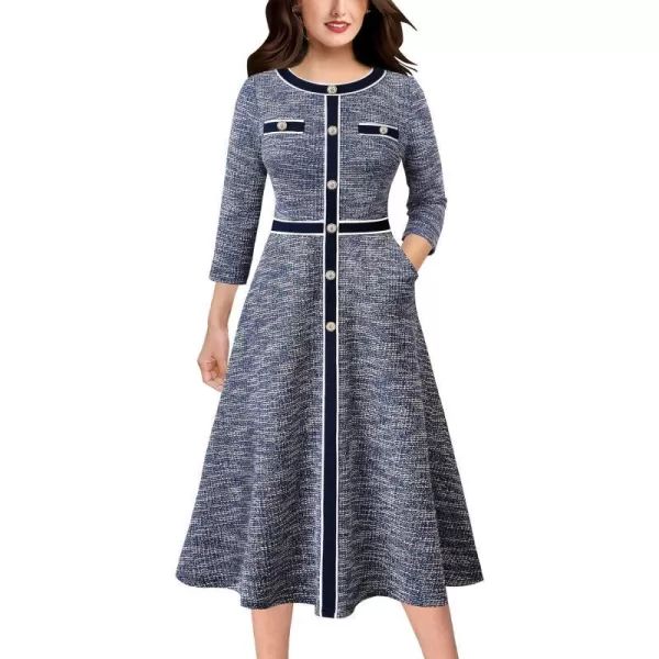 VFSHOW Womens Buttons Patchwork Work Business Office ALine Midi Crew Neck Professional Career Fit and Flare MidCalf DressBlue Tweed