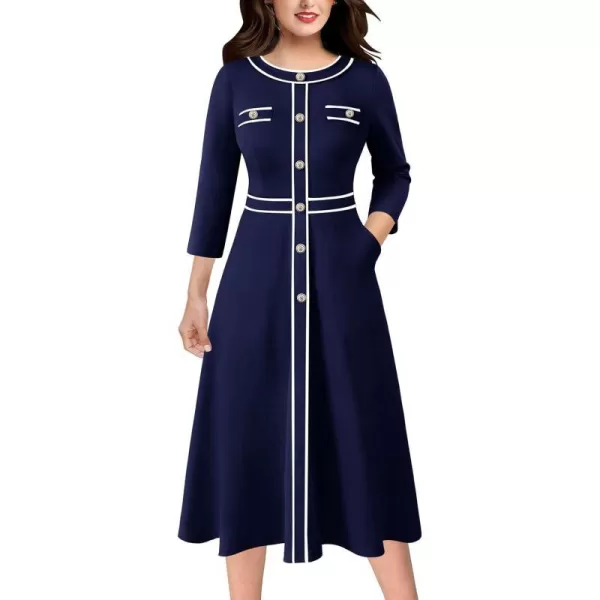 VFSHOW Womens Buttons Patchwork Work Business Office ALine Midi Crew Neck Professional Career Fit and Flare MidCalf DressNavy Blue34 Sleeve