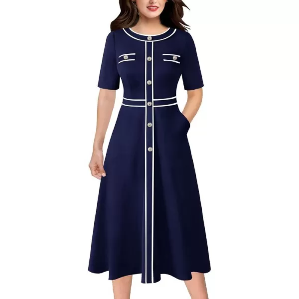 VFSHOW Womens Buttons Patchwork Work Business Office ALine Midi Crew Neck Professional Career Fit and Flare MidCalf DressSolid Blue