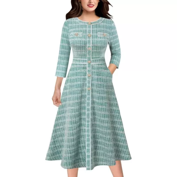 VFSHOW Womens Buttons Patchwork Work Business Office ALine Midi Crew Neck Professional Career Fit and Flare MidCalf DressTeal Green Tweed