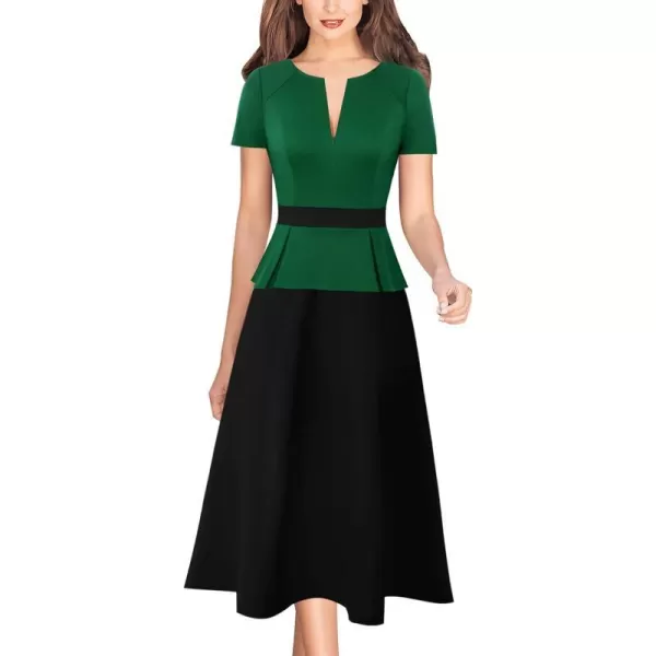 VFSHOW Womens Colorblock Peplum Slim Front Zipper Work Business Office ALine Midi DressGreen and Black2