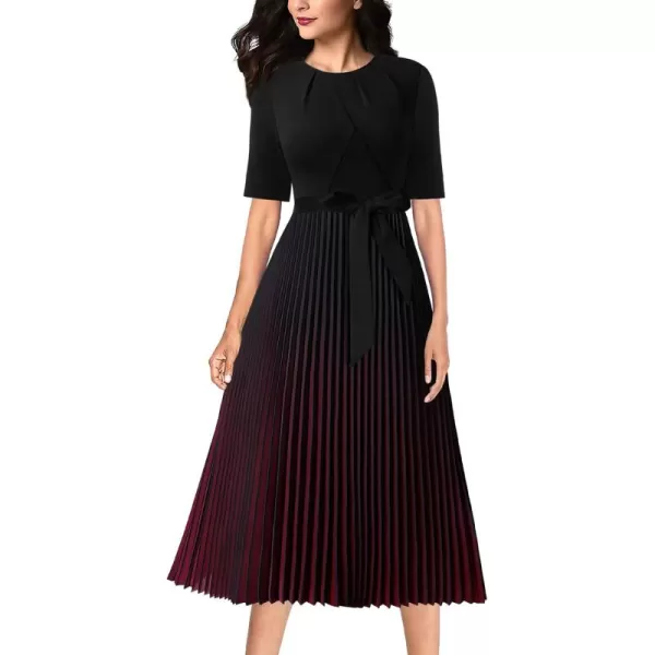 VFSHOW Womens Elegant Patchwork Belted Work Business Office Casual Party Pleated ALine Midi DressBlack  Dark Red Ombre