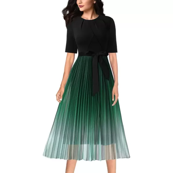 VFSHOW Womens Elegant Patchwork Belted Work Business Office Casual Party Pleated ALine Midi DressBlack  Green Ombre