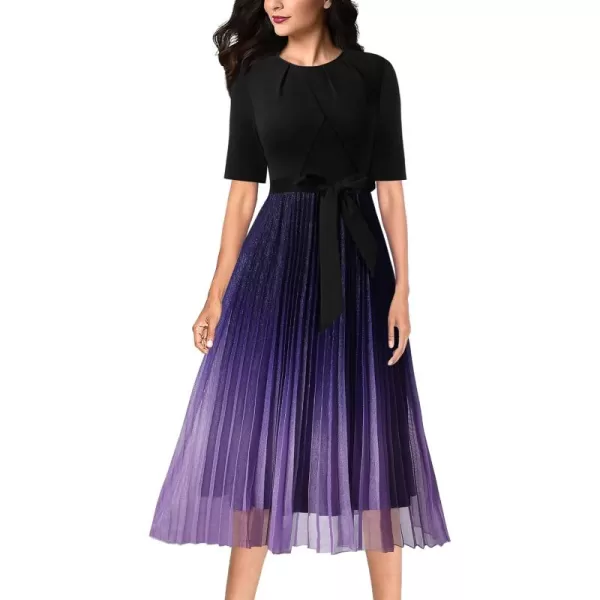 VFSHOW Womens Elegant Patchwork Belted Work Business Office Casual Party Pleated ALine Midi DressBlack  Purple Ombre