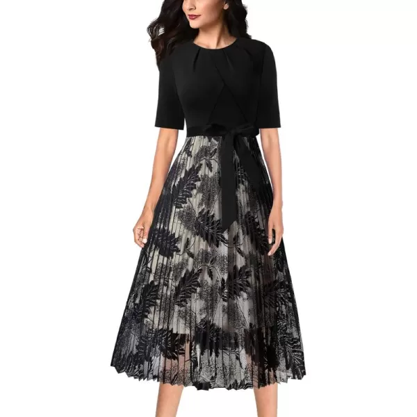 VFSHOW Womens Elegant Patchwork Belted Work Business Office Casual Party Pleated ALine Midi DressBlack and Leaves Lace