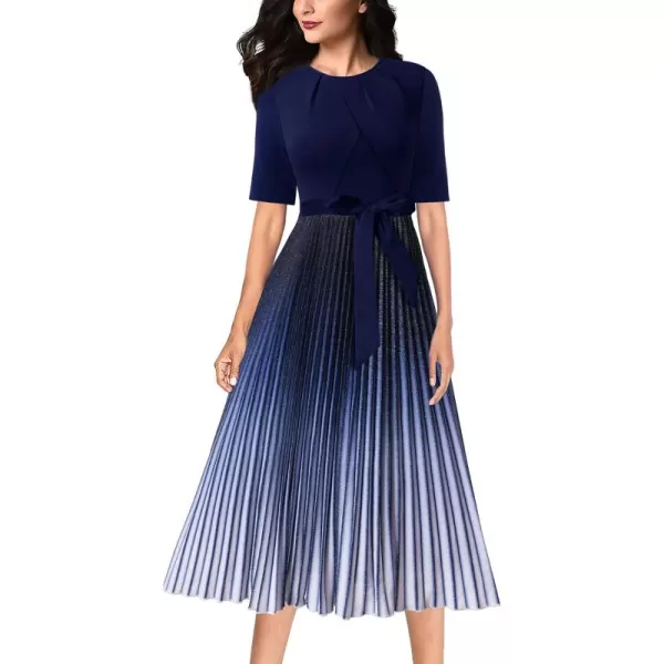 VFSHOW Womens Elegant Patchwork Belted Work Business Office Casual Party Pleated ALine Midi DressDark Blue Ombre